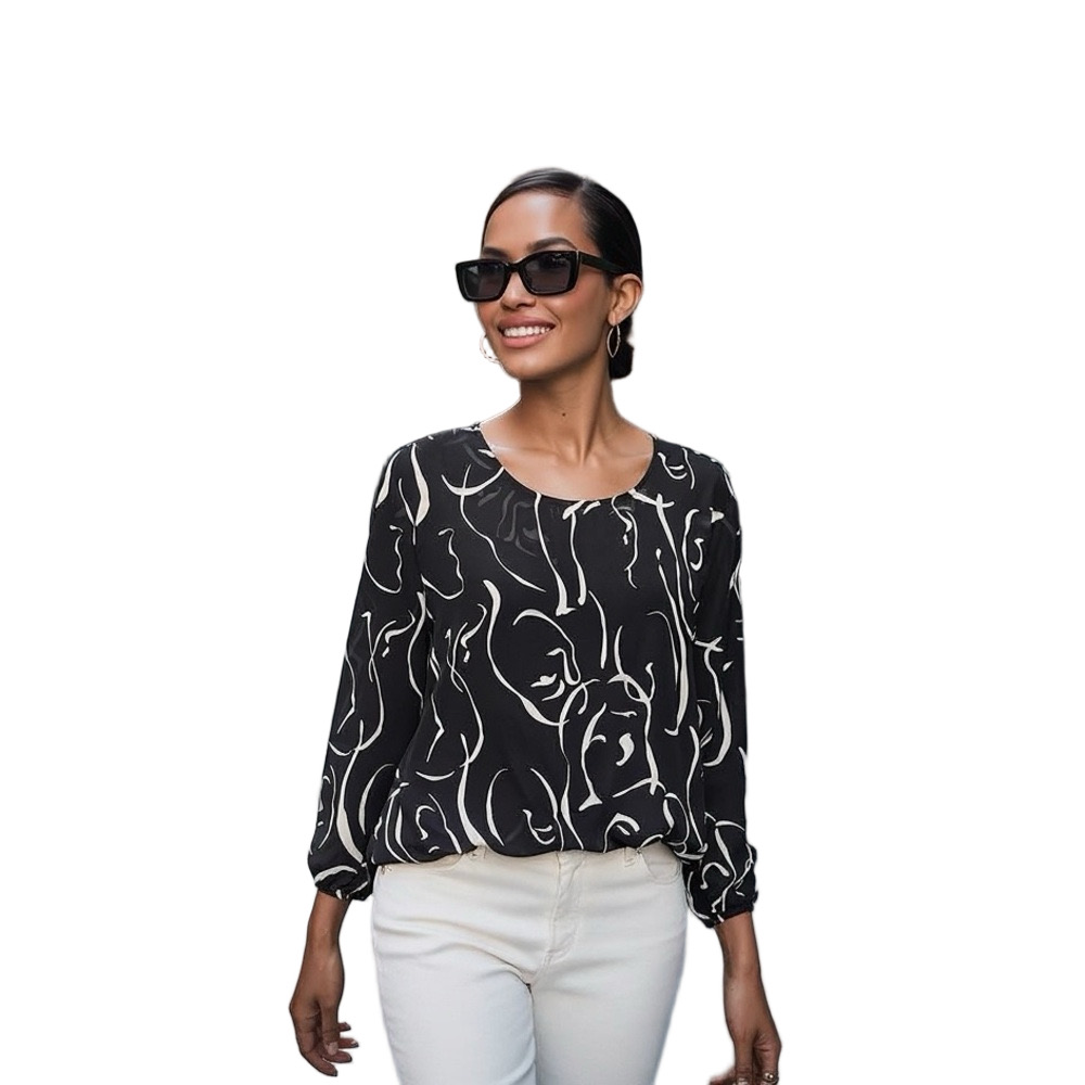 Pleione Black and White Sheer Abstract Blouse with Attached Tank Top Size XL NWT